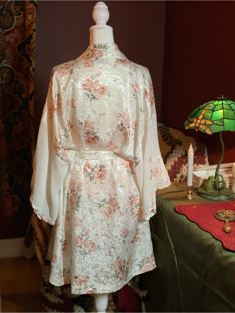 Vintage 80s Val Mode Floral Satin Robe Jacquard Cottagecore Pastel Pink Sz L - Picture 2 of 11